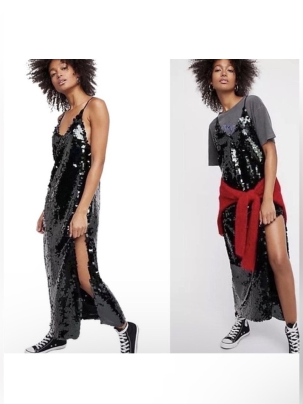 Free people maxi strappy palettes sequin black dress with side slit Sz.M